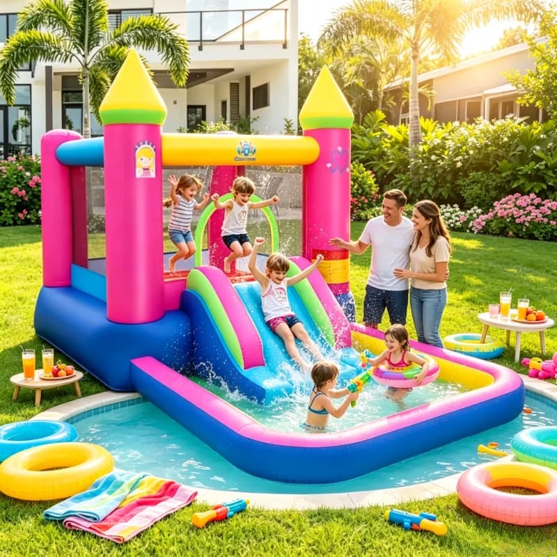 4-in-1 Princess Bounce House W/ Slide Jumping Area Hoop Ball Pit Mesh Walls Inflatable Castle for Kids Party