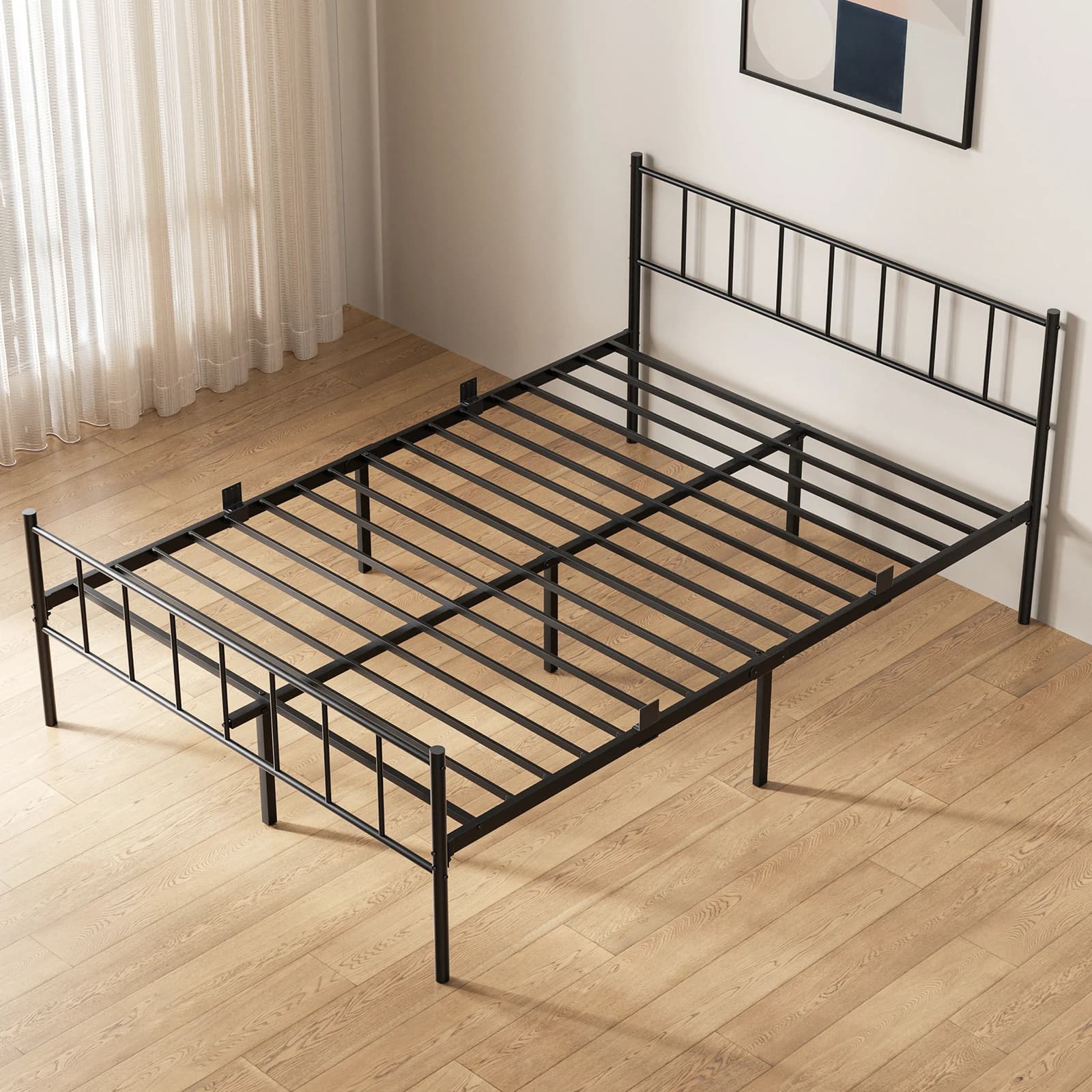 Metal bed frame 140×190cm, bed with headboard and foot of the bed, 32 cm Storage under the bed, 14 metal slats, sturdy and silencer, black