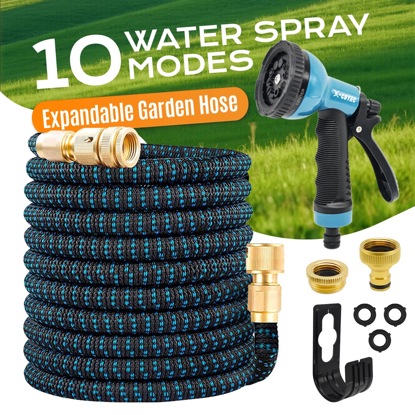 X-COTEC Expandable Garden Hose 50ft/100ft, 10-Function Nozzle, 1/2" 3/4" Brass Connectors, 3-Layer Latex Flexible Water Pipe
