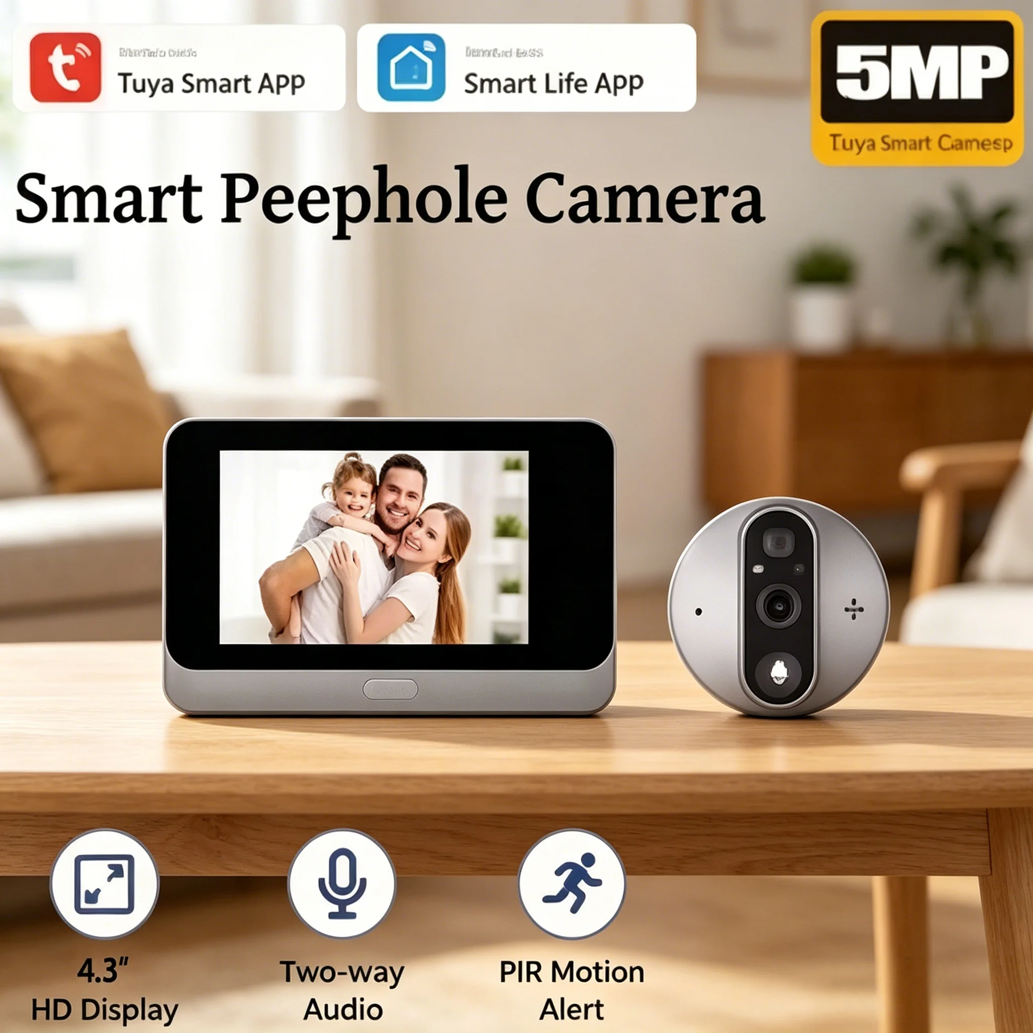 5MP Smart Life Tuya WiFi Door Bell Eye Peephole Camera 5000mAh Battery PIR Motion Detector IR Alexa Google Digital Viewer