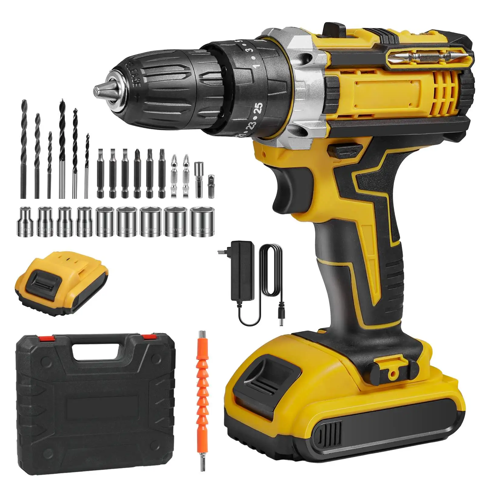 Electric impact drill/driver with 25+3 torque settings, cordless electric drill, home drill, DIY tools, compatible with 21V Makita batteries.