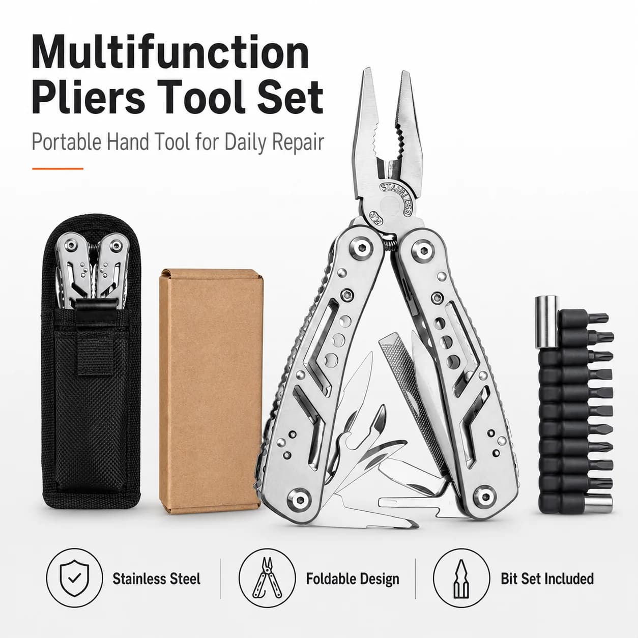 Multifunction Pliers Tool Set, Stainless Steel Folding Hand Tool with Screwdriver Bit Set and Carry Pouch for Home Repair Camping Bike Maintenance