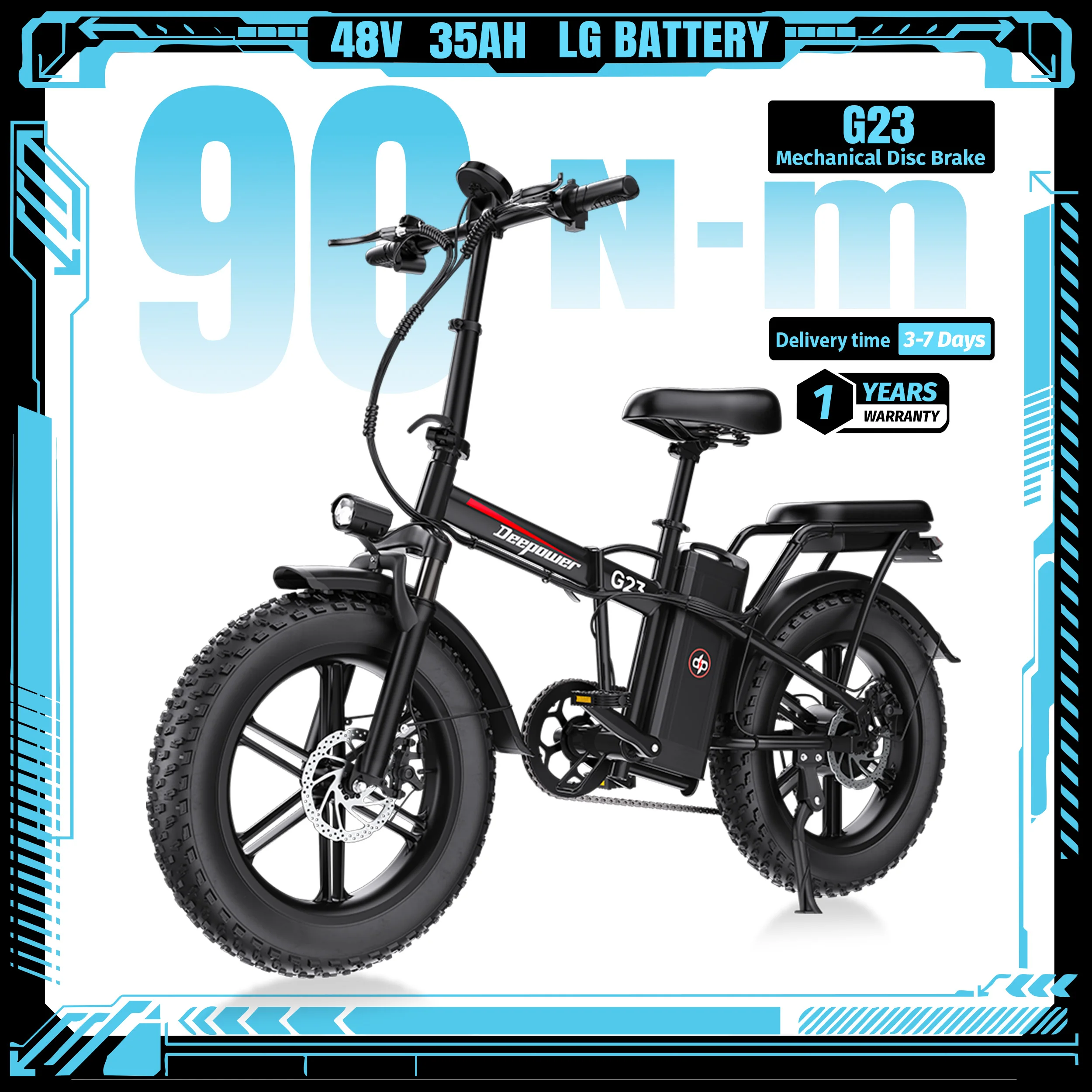 DEEPOWER G23 Electric Bike 90N·m High Torque Motor 48V 35Ah Battery Foldable 20 Inch Fat Tire Ebike Mechanical Disc Brake Off-Road Adult Electric Bicycle