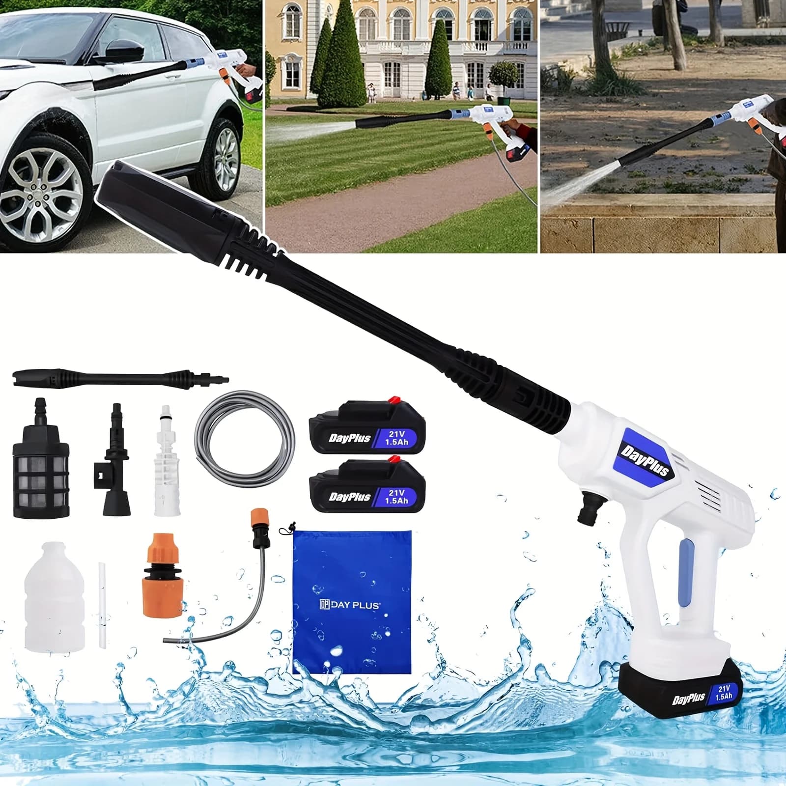 21V Cordless Portable Pressure Washer with 1.5Ah Removable Battery, Multi Nozzle Handheld Electric Car Washer Kit, Self-Priming Foam Sprayer for Car Washing Garden Watering Home Surface Cleaning