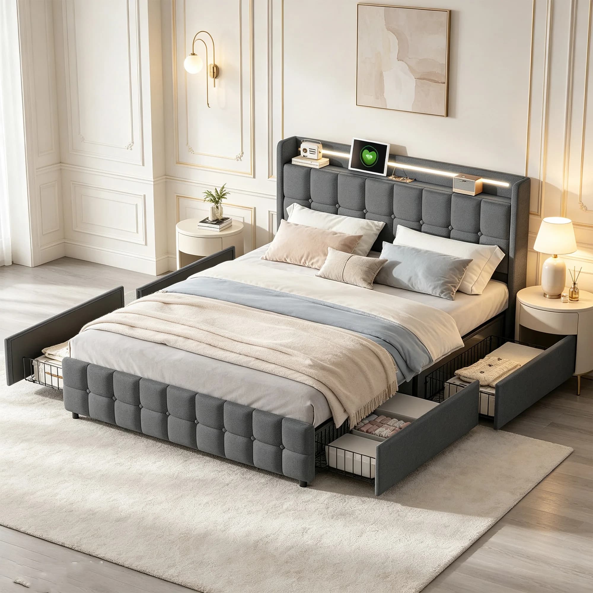 Anajqaqia 160x200cm Upholstered Bed with 4 Drawers,Double Bed with Storage Space,Youth Bed with Headboard,Bed Frame with Slatted Frame,Linen fabric,Grey