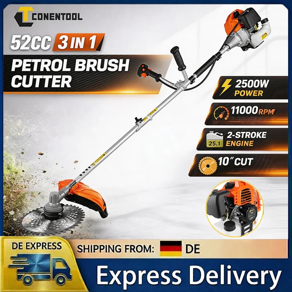 CONENTOOL 52cc Gas Brush Cutter 3 in 1 String Trimmer 2500W 2 Stroke Grass Trimmer 11000RPM with Saw Blade Metal Blade and Trimmer Line