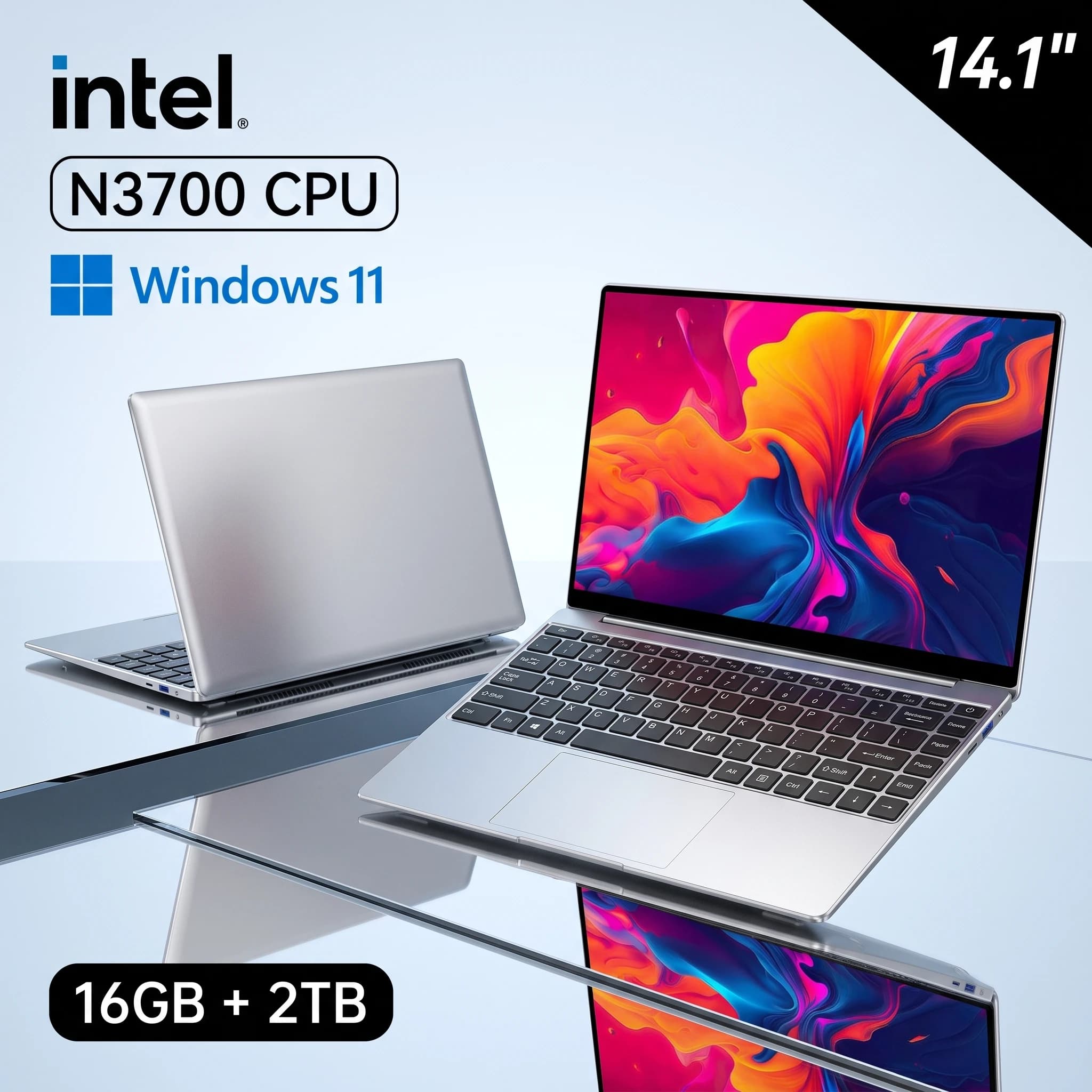 NEW 14.1" Laptop Ultra Slim 16GB RAM 2TB SSD Intel N3700 Windows 11 Pro Notebook Gamer 1920*1080 Display Office Study Computer PC