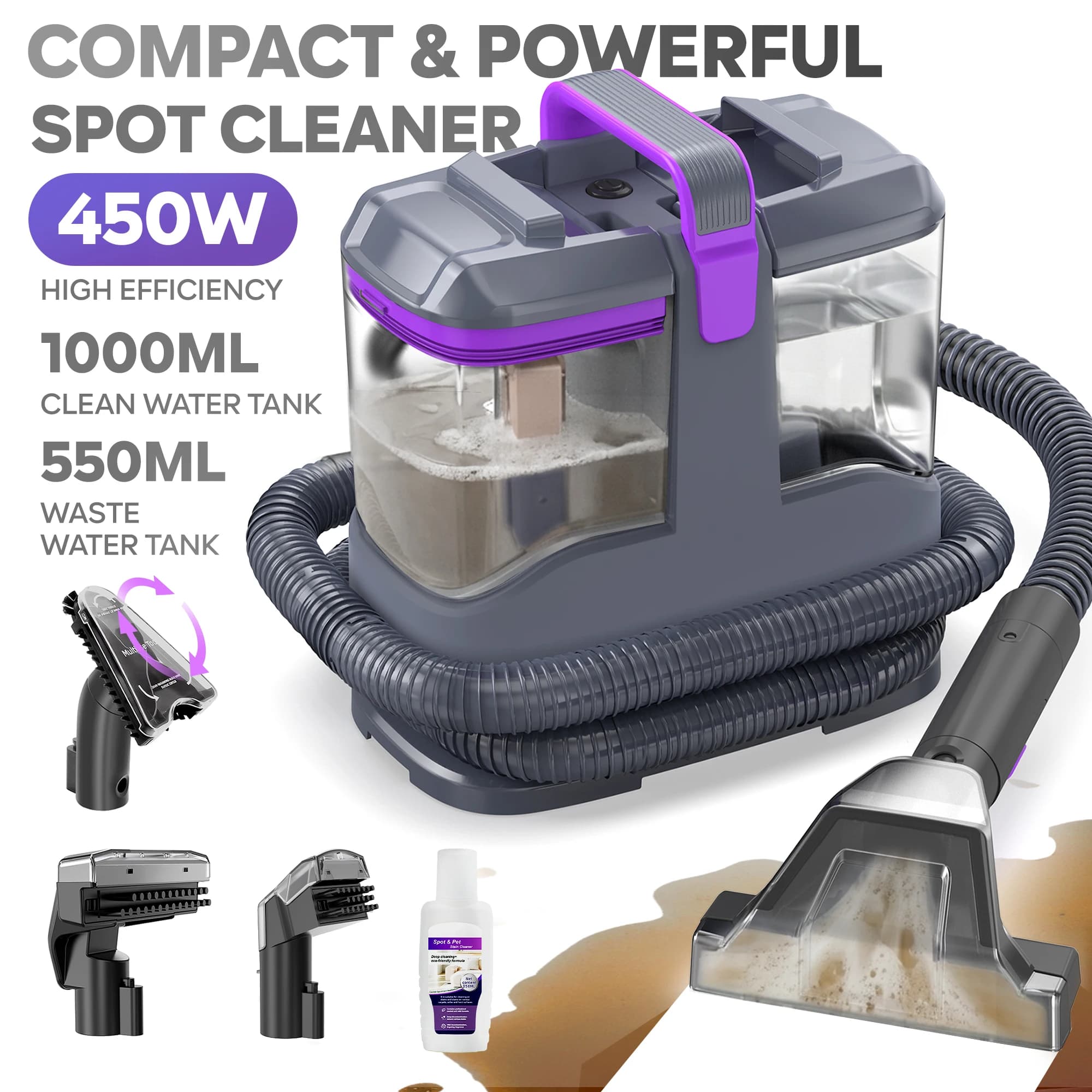 C9S Carpet Cleaner 13kPa 450W, Portable Shampooer for Couch Car, Water Dust Vacuum Cleaner, Kit with 3 Brushes Included