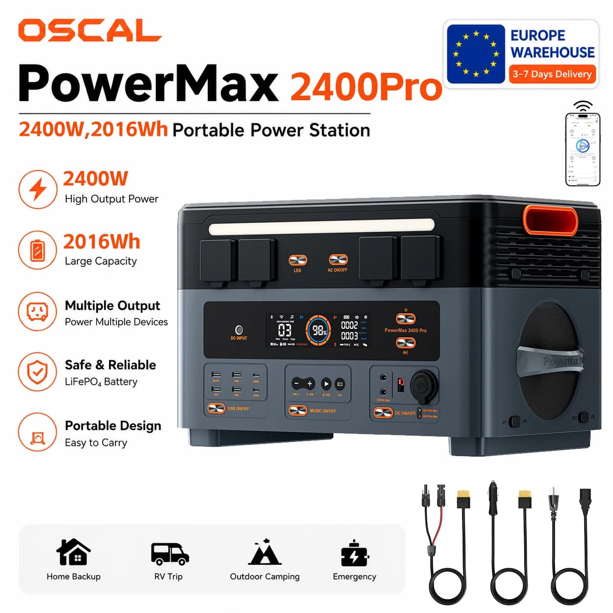 Portable Power Station PowerMax 2400Pro 2400W Solar Generator 2016Wh Lifepo4 Rechargeable Battery Powerbank for Camping Home Emergency