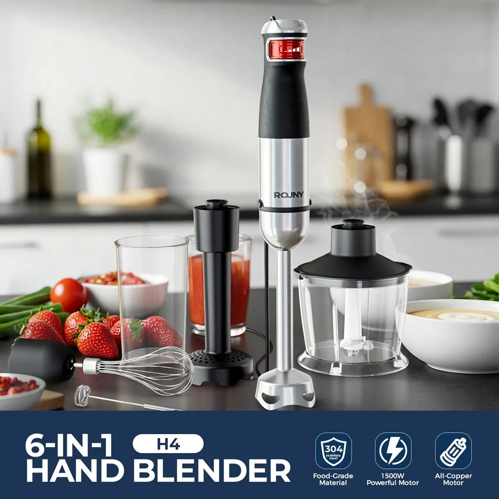 ROUNY 1500W Immersion Hand Blender 6-in-1 , Stainless Steel Shaft & Blades, 500ml Chopper/600ml Beaker/Whisk, Snap Storage
