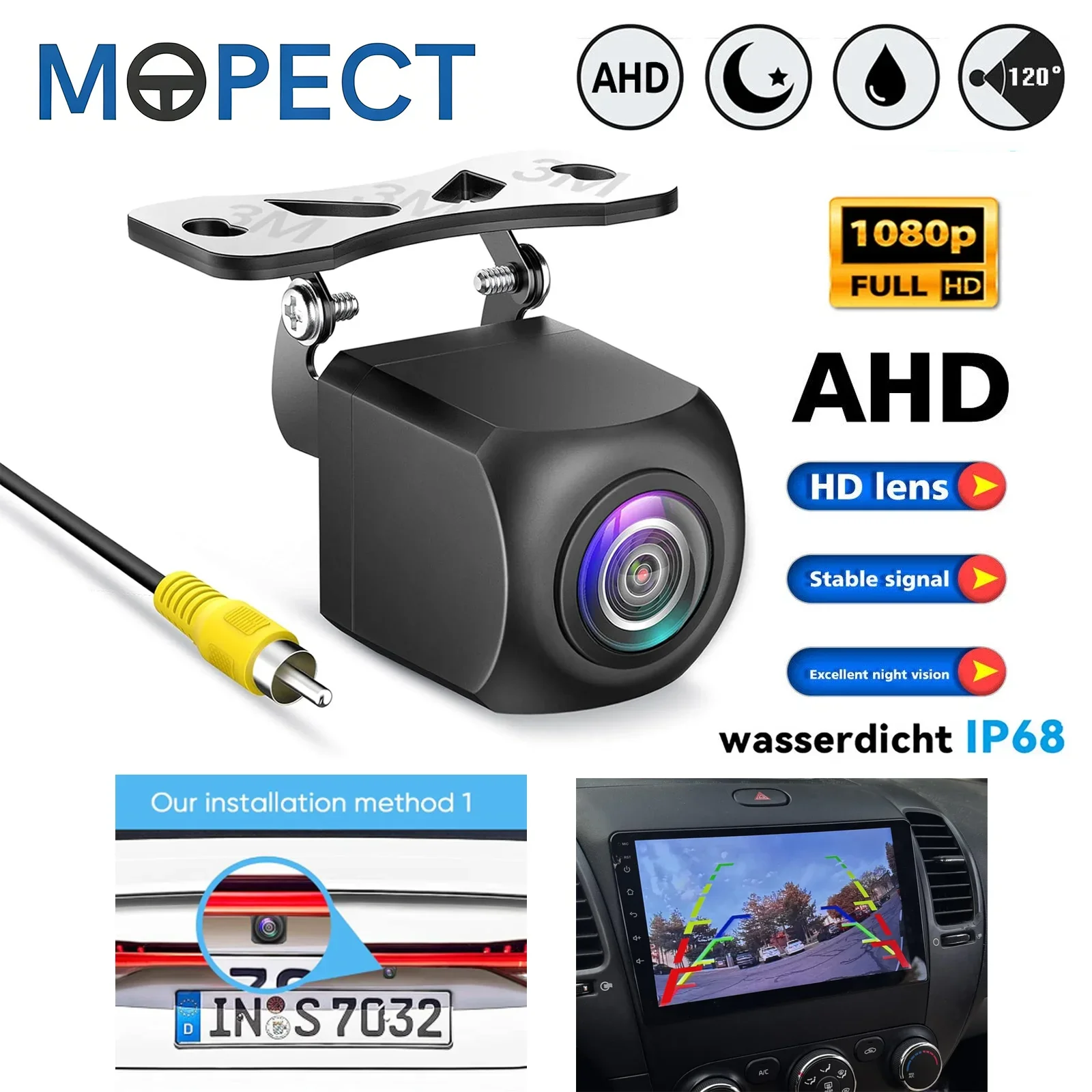 MOPECT Universal Car Backup Parking Reverse Camera Night Vision Rear View Reverse Camera IP68 Waterproof 120° Wide View 1080P