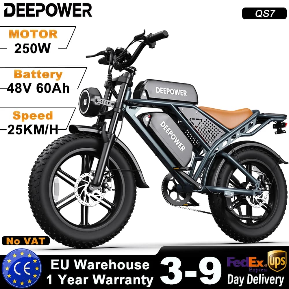 DEEPOWER 250W Electric Bicycle 48V 60AH Dual Battery Adult Electric Bike 20-inch Fat Tires Dual Shock Absorption Outdoor Off-Road All-Terrain Ebike