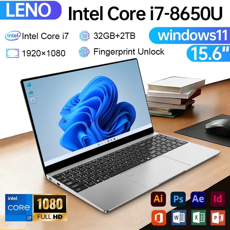 15.6" Portable Laptop Intel Core i7-8650U Windows 11 Pro Office Laptop 32GB RAM 2TB SSD for Gaming  Notebook 5000mAh