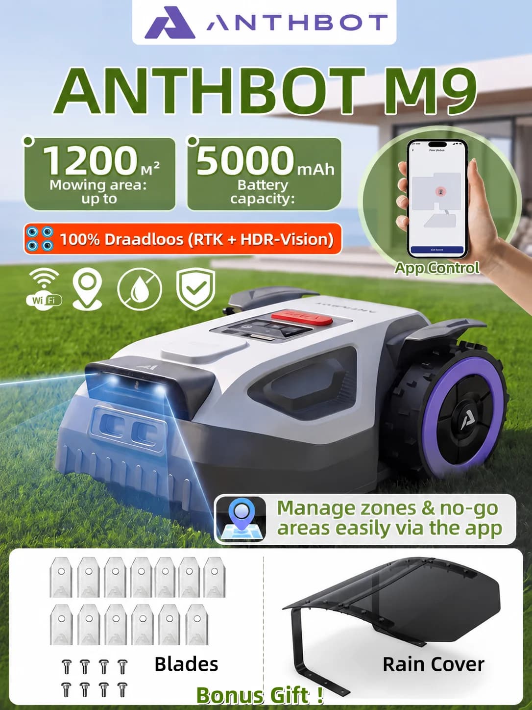 ANTHBOT M9 Robotic Lawn Mower, RTK Navigation + Dual Vision, 4G, 5000 mAh, 150 m²/h, 24° (45%) Slope, Multi-Zone Management, App Control, for Gardens up to 1200 m², Wire-Free Smart Lawn Robot