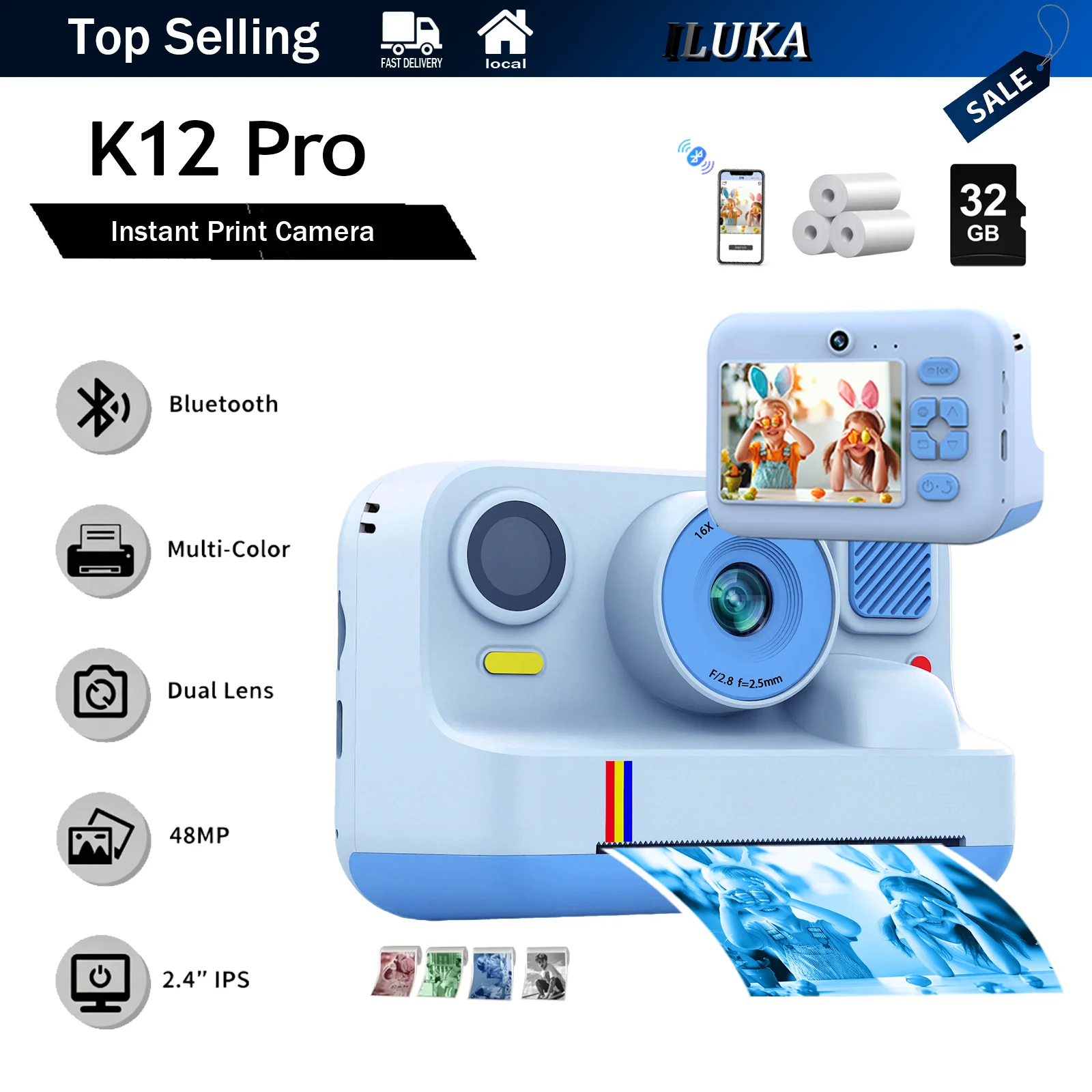 ILUKA K12 Pro Kids Instant Print Camera 48MP Dual Lens Bluetooth Photo Printing Camera 2.4 Inch IPS Eye Protection Screen DIY Graffiti Puzzle Game MP3 Player 1300mAh Portable Children Digital Camera Toy Gift