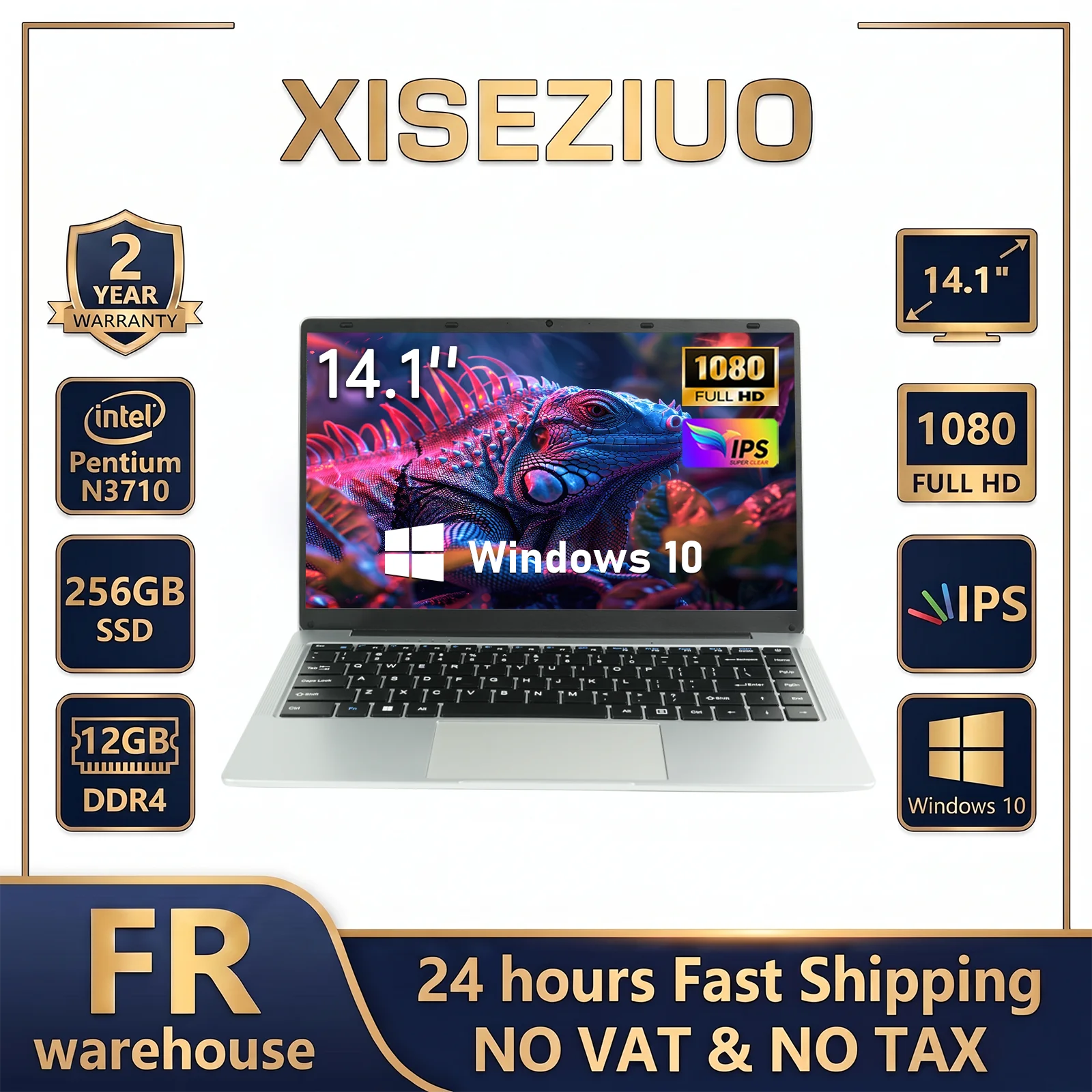 14.1 Inch Laptop Intel Pentium N3710 12GB RAM 256GB SSD Windows 10 Notebook Computer FHD IPS Display WiFi Bluetooth Long Battery Life Portable PC for Students Business Office Work Online Learning with Multi Language Keyboard Stickers EU Plug 5000mAh