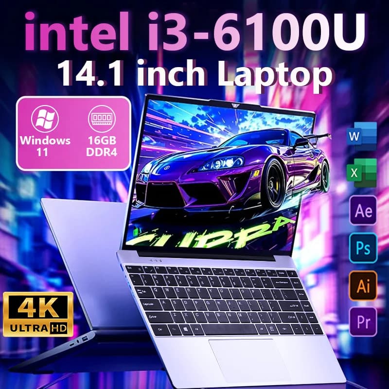 FUCHU 2026 Laptop Intel Core I3 6100U 16GB RAM 1TB 2TB SSD 14.1 Inch Ultra Slim Computer Windows 11 pro Gaming PC for Office Study Business