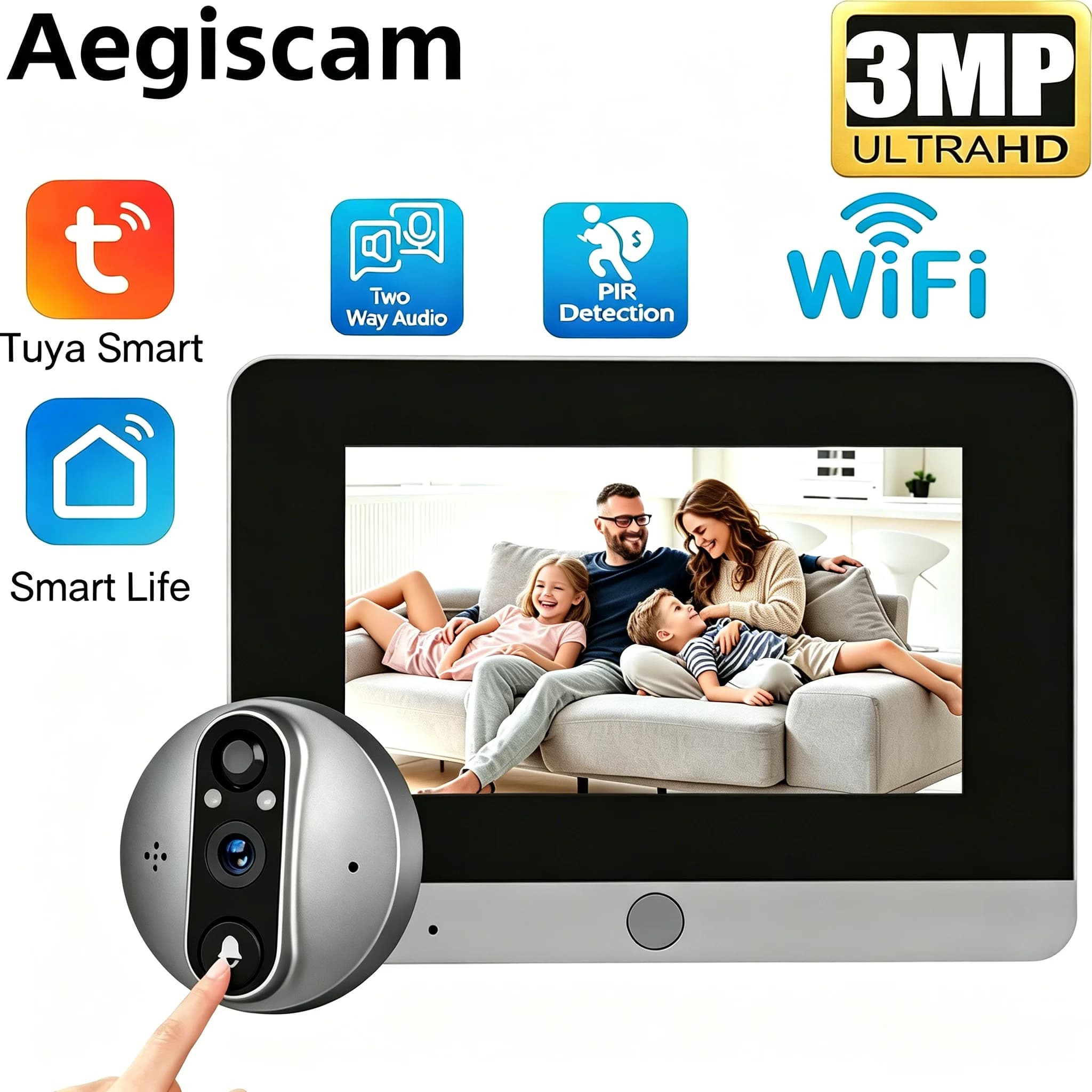 3MP WiFi Smart Peephole Video Doorbell Camera Digital Door viewing mAh Rechargeable Battery PIR Motion Detection Infrared Vision Tuya Smart Life Alexa Google Control Front Door Home Security Monitor