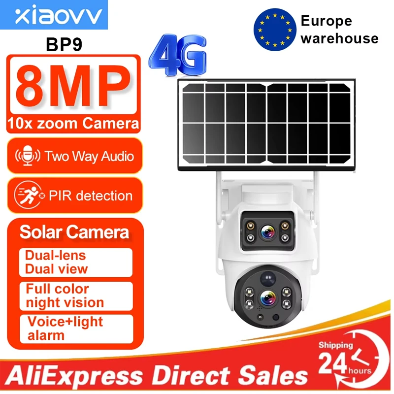 Xiaovv 8MP 4K Wireless Solar Camera 4G Sim Outdoor Dual Lens IP Camera PIR Night Vision V380 Pro CCTV Security Protection Monitor