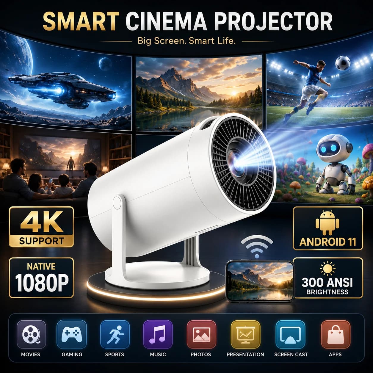 HY300 Mini Projector 50ANSI Lumens LED Portable Projector Wireless Screen Mirroring Home Theater Outdoor Cinema HDMI USB 4K HD Projector