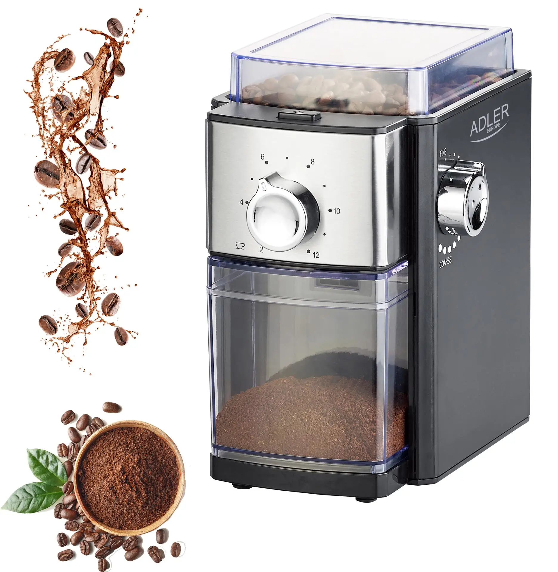 300W electric incandescent coffee grinder, grinding adjustment, quiet, compact design 12 servings safety