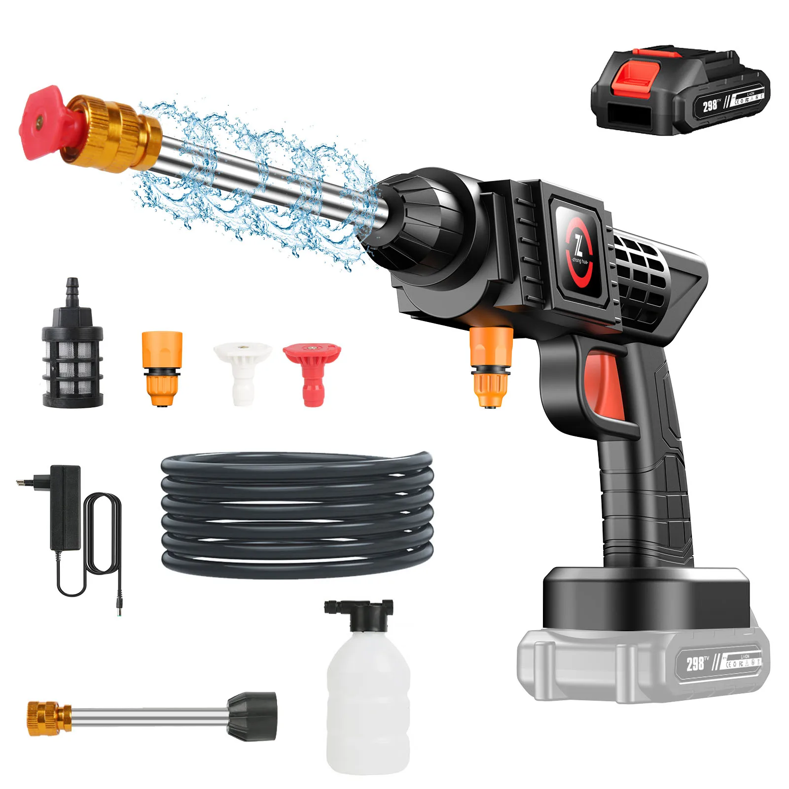 60Bar High Pressure Water Gun Car Wash Gun Washer Portable Cordless High Pressure Cleaner With Adjustable Nozzle Car Cleaning Kit for Garden Cleaning