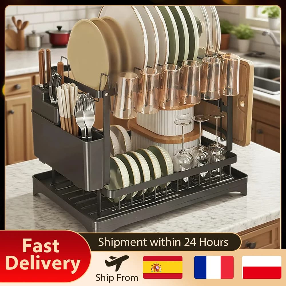 2-Tier Space-Saving Kitchen Dish Drying Rack, Multifunctional Dish Rack, Rustproof Kitchen Dish Countertop Drying Rack With 360° Rotating Drainboard & Utensil Holder