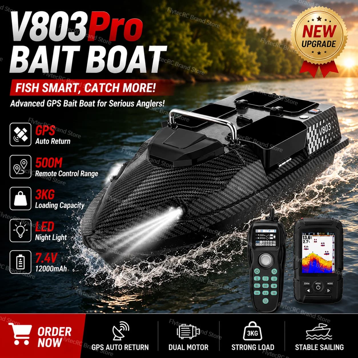 Flytec V803Pro 500M Boat Control Battery Echosonine Project 4 Bait Containers 12000mAh Sonder Cruise/Return Automatic Double Speed