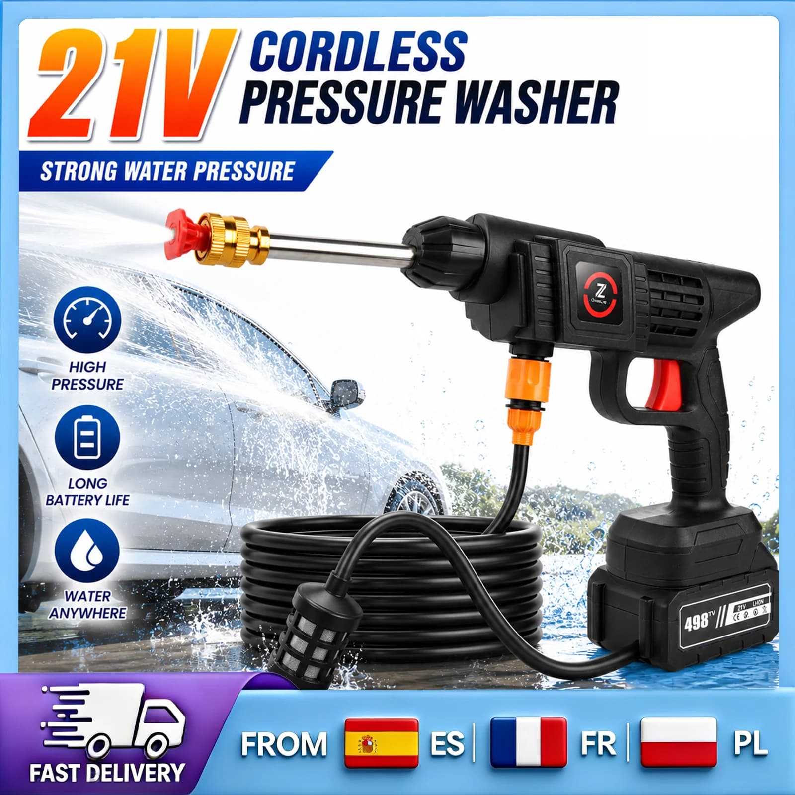21V Cordless High-Pressure Water Gun, 70BAR Peak Pressure,  20000RPM Copper Motor, 7-10m Spray Distance, Portable Car Washer for Garden Patio Floor Cleaning