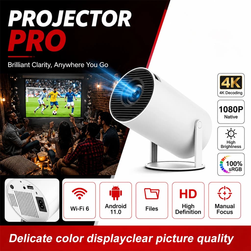 ZNLYRION 4K Decode Portable Smart Projector Android 11 Native 1280*720P 260ANSI Wifi6 BT5.0 180° Rotatable Home Cinema Outdoor Movie Projector