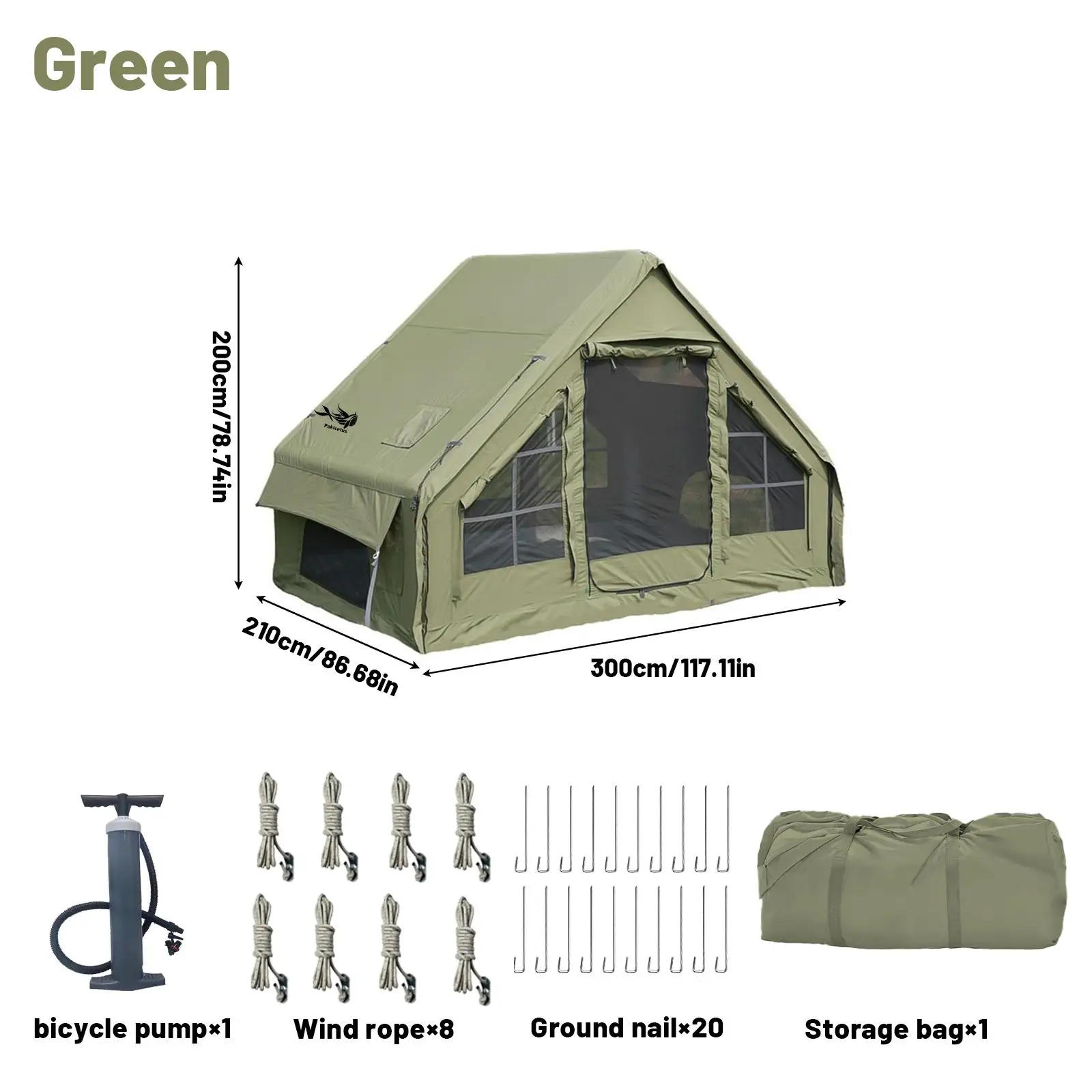 PAKICETUS 4–6 Person Green Quick-Pitch Inflatable Camping Tent — Wind-resistant Oxford fabric inflatable camping shelter; suitable for all four seasons; portable, fast-setup cabin tent ideal for outdoor camping, hiking, and backpacking.