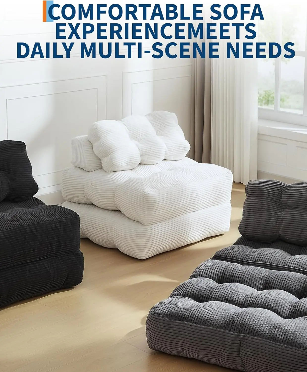 3-in-1 Foldable Sofa bed-Versatile Sleeper & Lounger with Cushions, Adjustable Backrest and Foam Filling-Space Saving Sleeping Couch for living room Bedroom Guest Room Single Size Adult Comfort