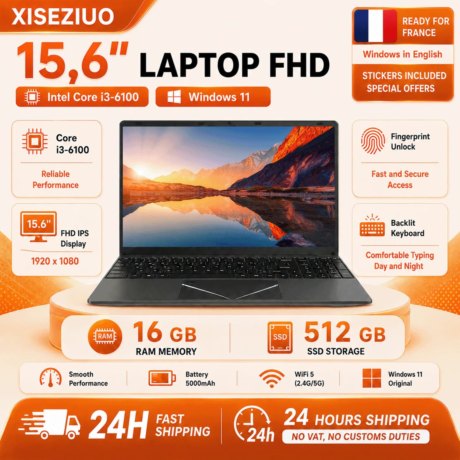 15.6 Inch FHD IPS Laptop Intel Core i3-6100U 8/16GB DDR4 RAM 256/512GB SSD Windows 11 Notebook Computer WiFi 2.4G/5G Bluetooth 5.0 5000mAh Battery Numeric Keypad Fingerprint Unlock Backlit Keyboard HDMI Office Business Student Home School PC Fast Shipping