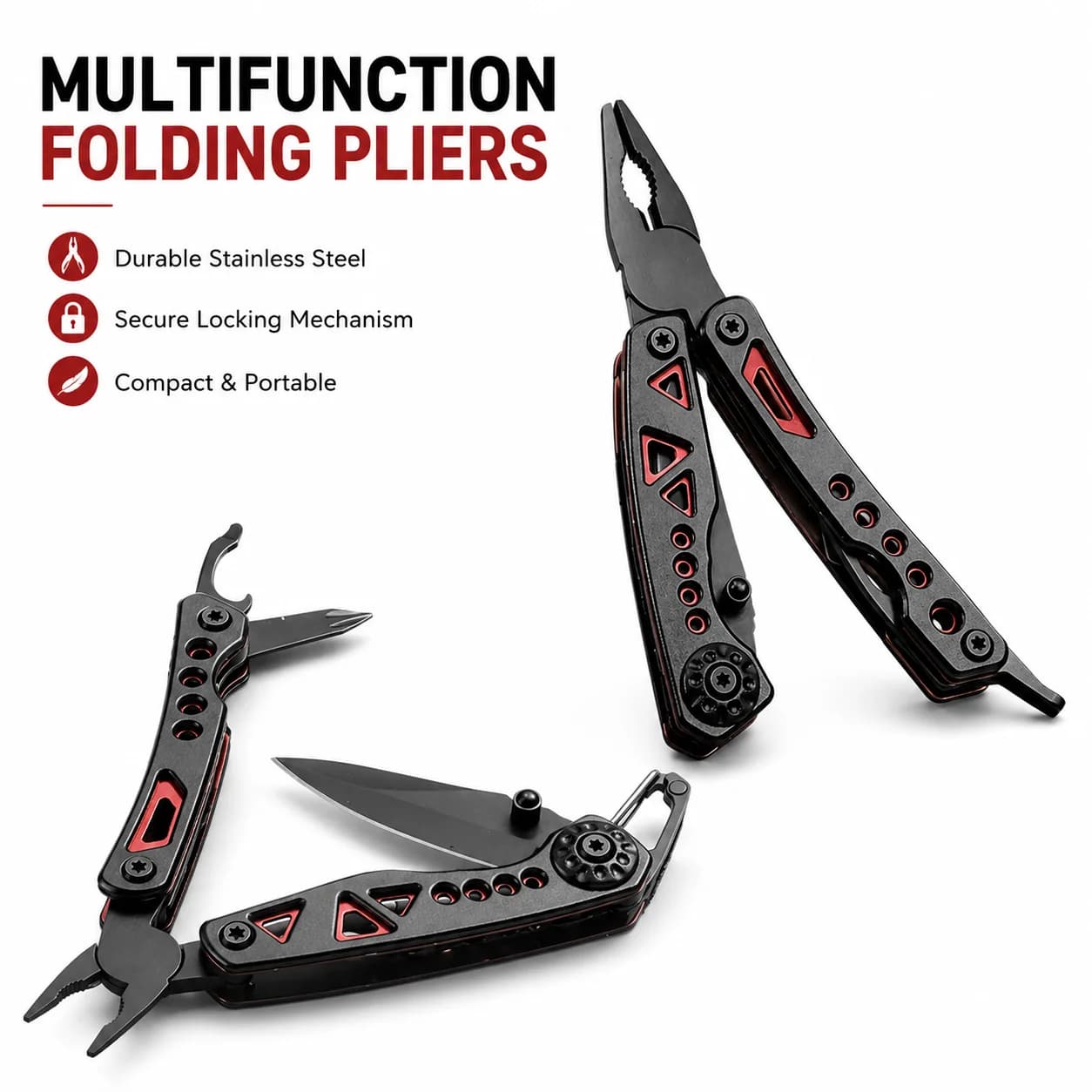 Folding Multitool Pliers, Portable Pocket Edc Tool with Knife, Pliers, Bottle Opener and Multi-Purpose Accessories, Compact Outdoor Tool for Camping, Hiking, Fishing, Travel, Car Repair and Daily Use
