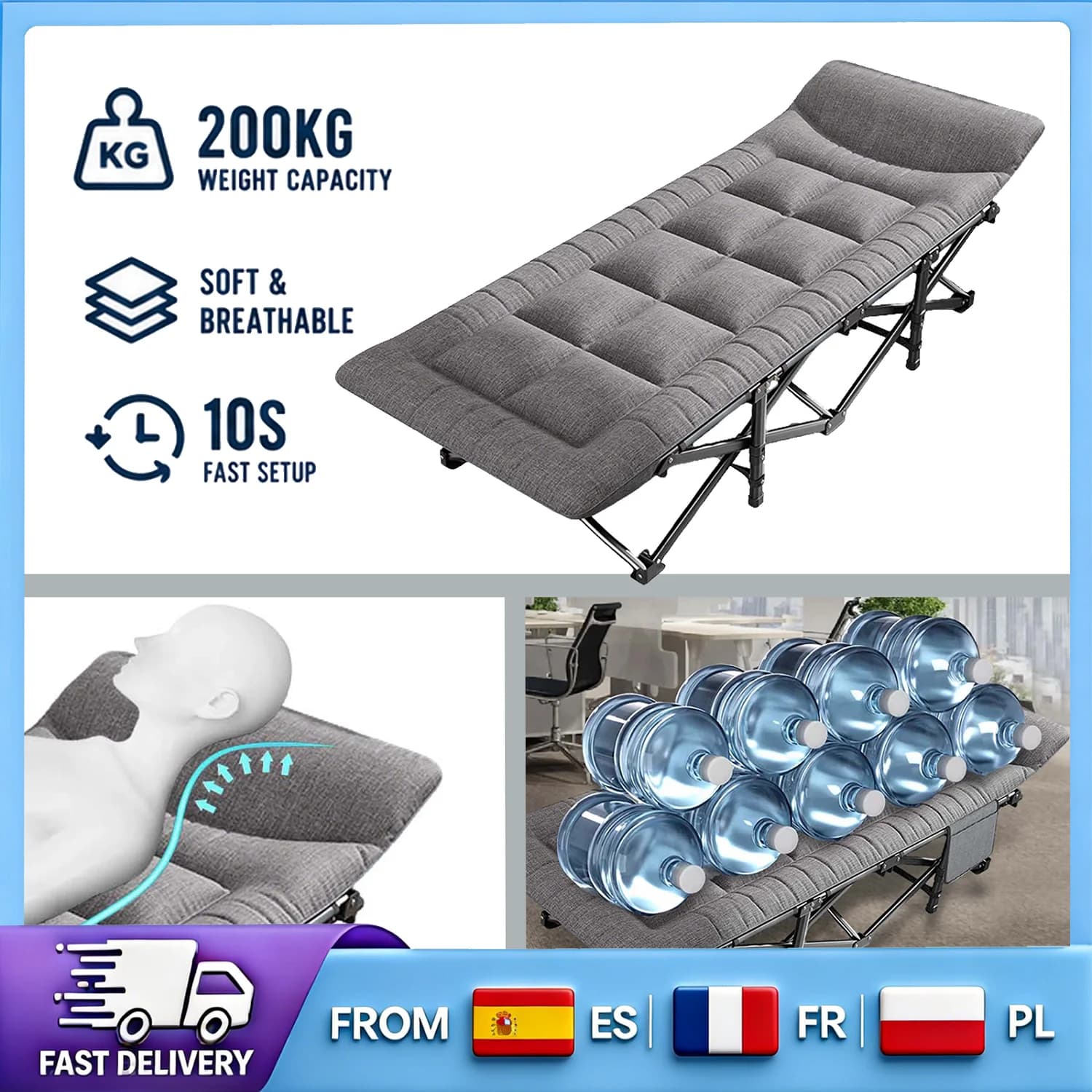 Multifunctional Folding Lounge Chair Bed, Quick 10s Setup, Non-Slip Base with Storage Bag, Perfect for Office, Travel, Balcony Use