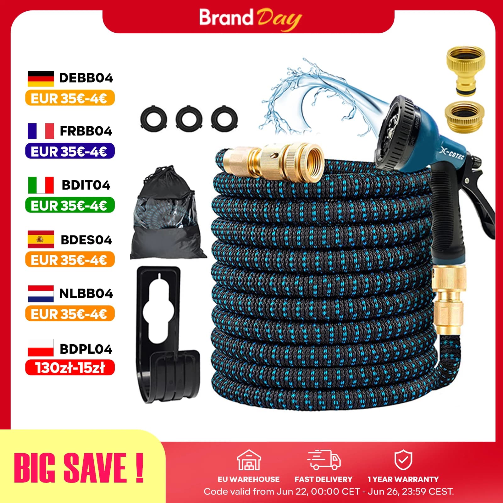 X-COTEC Expandable Garden Hose 50ft/100ft, 10-Function Nozzle, 1/2" 3/4" Brass Connectors, 3-Layer Latex Flexible Water Pipe