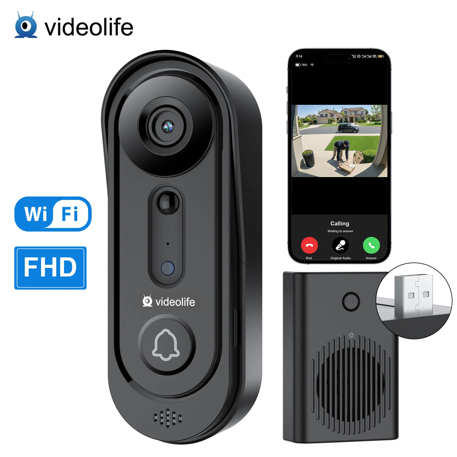 Videolife 1080P Wireless Video Doorbell Camera WiFi Smart Door Bell Smart Home Security Motion Detect Night Vision Intercom Doorbell