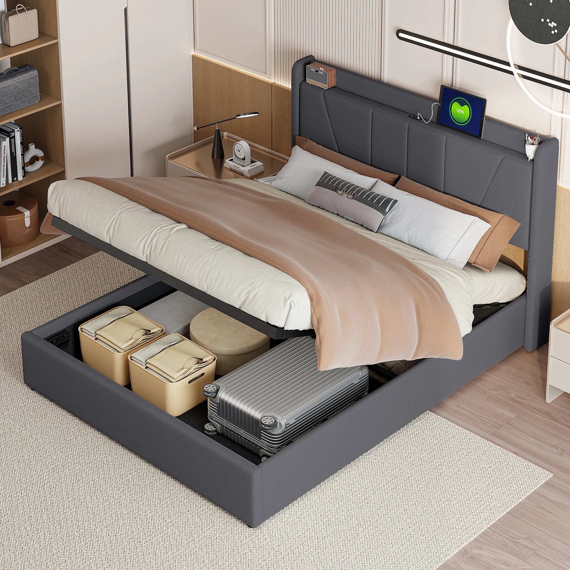 Anajqaqia 160x200cm Upholstered Double Bed, Youth Adult Bed with Hydraulic Storage, Large Under-Bed Storage Space, Modern Linen Fabric