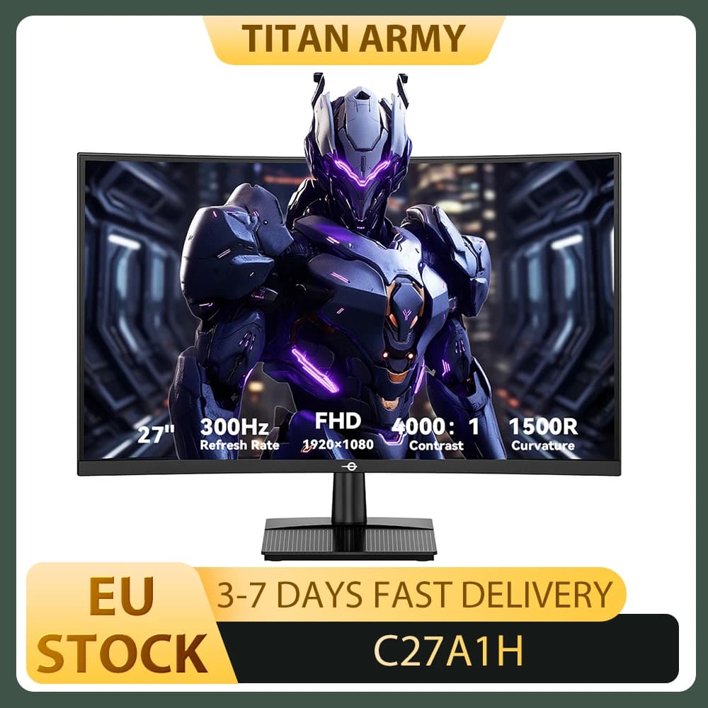 TITAN ARMY C27A1H Gaming Monitor, 27 inch 1500R Curved VA Screen, 1920*1080, 300Hz Refresh Rate,1ms GTG Response Time, FreeSync, HDR10, 4000:1 Contrast Ratio, Game+, Dynamic OD, 10 Scenario Modes, PBP & PIP Display, 2*HDMI2.0, 2*DP1.4, 1*Audio