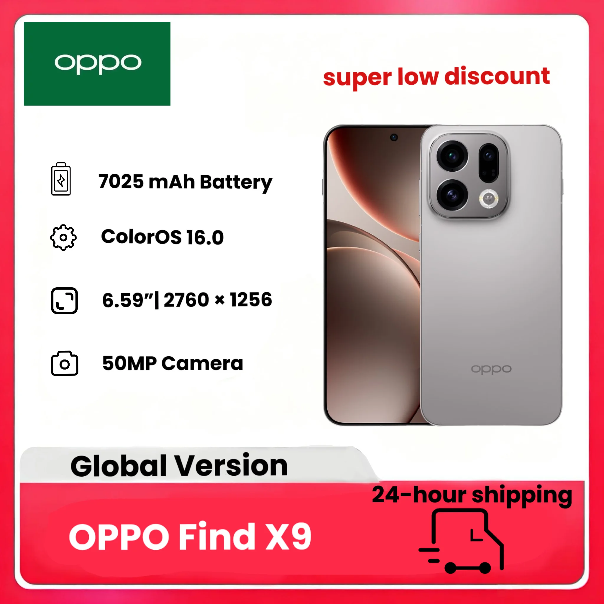 OPPO Find X9 Smart Phone,7025mAh Battery,12GB+512GB, Dimensity 9500,IP69 Waterproof 6.59" AMOLED , 50.0MP Camera ,Excluding charger
