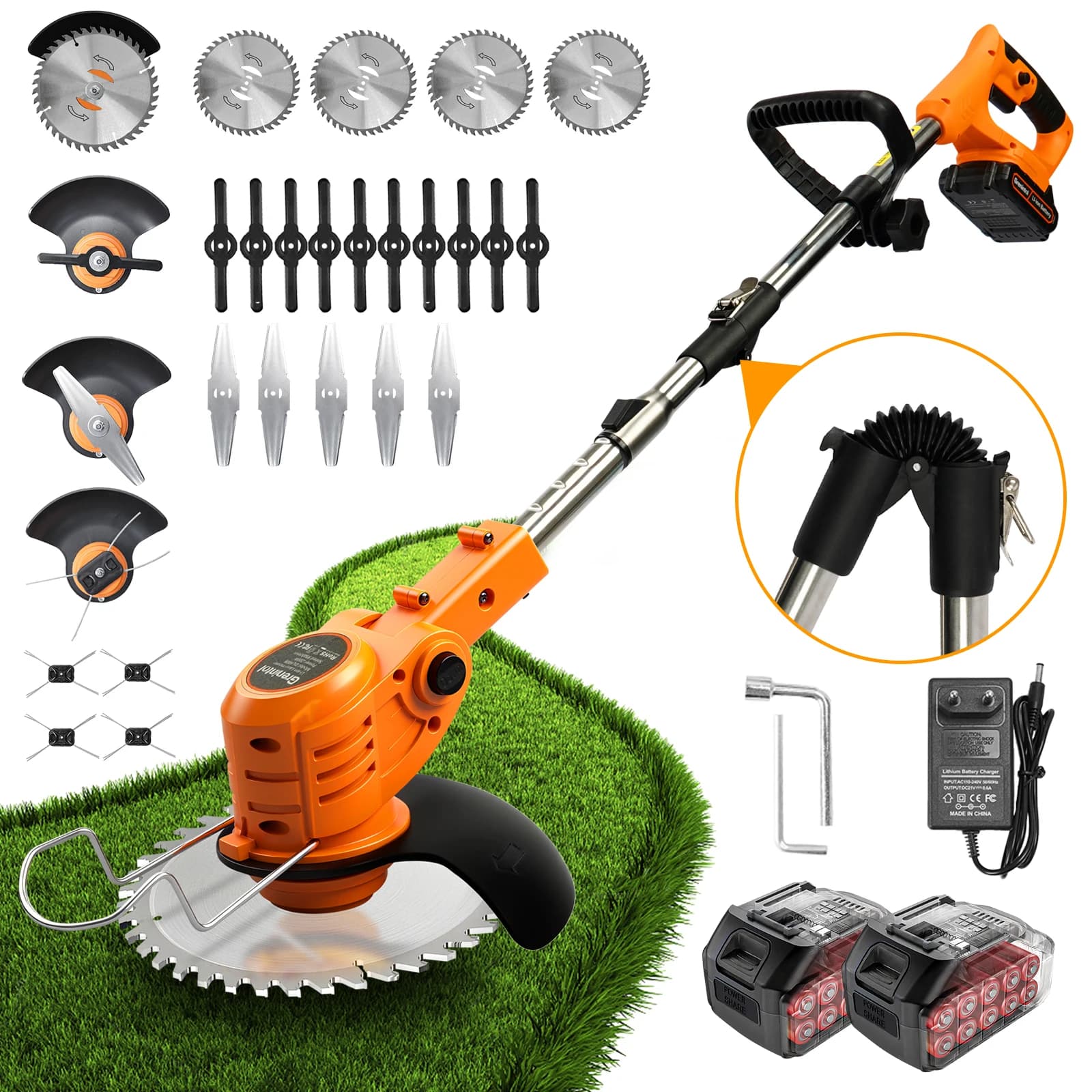 Grenintol 21V Cordless Lawn Trimmer, Foldable Cordless Edger, 4.0AH Battery, 4 Blade Types 2-in-1 Electric Lawn & Garden Edger