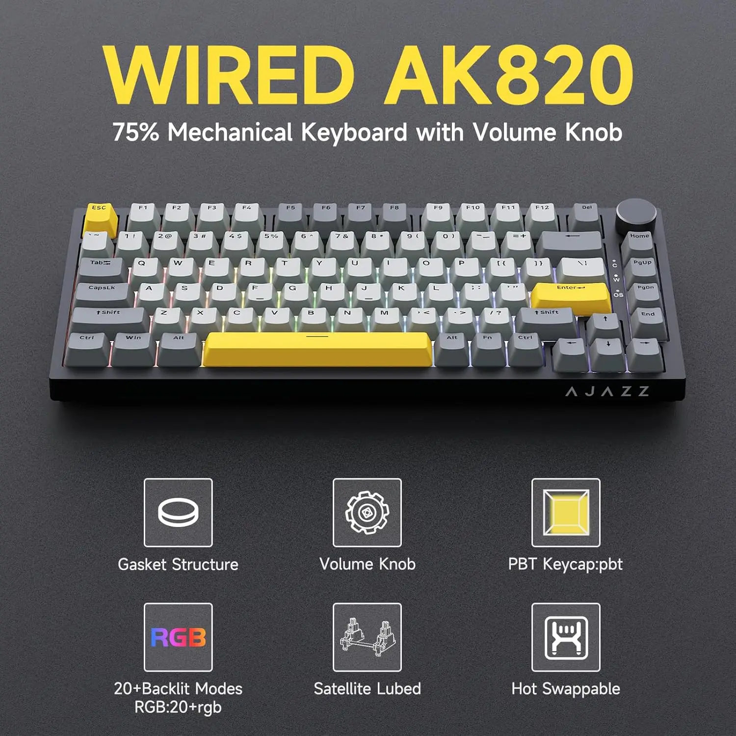 Ajazz AK820 Wired Mechanical Keyboard, 75% Gaming Keyboard with Volume Control Knob, QWERTY Layout, 82 Keys, Five-Layer Sound Insulation Pad, South-Oriented RGB, Full-Key Hot Swap