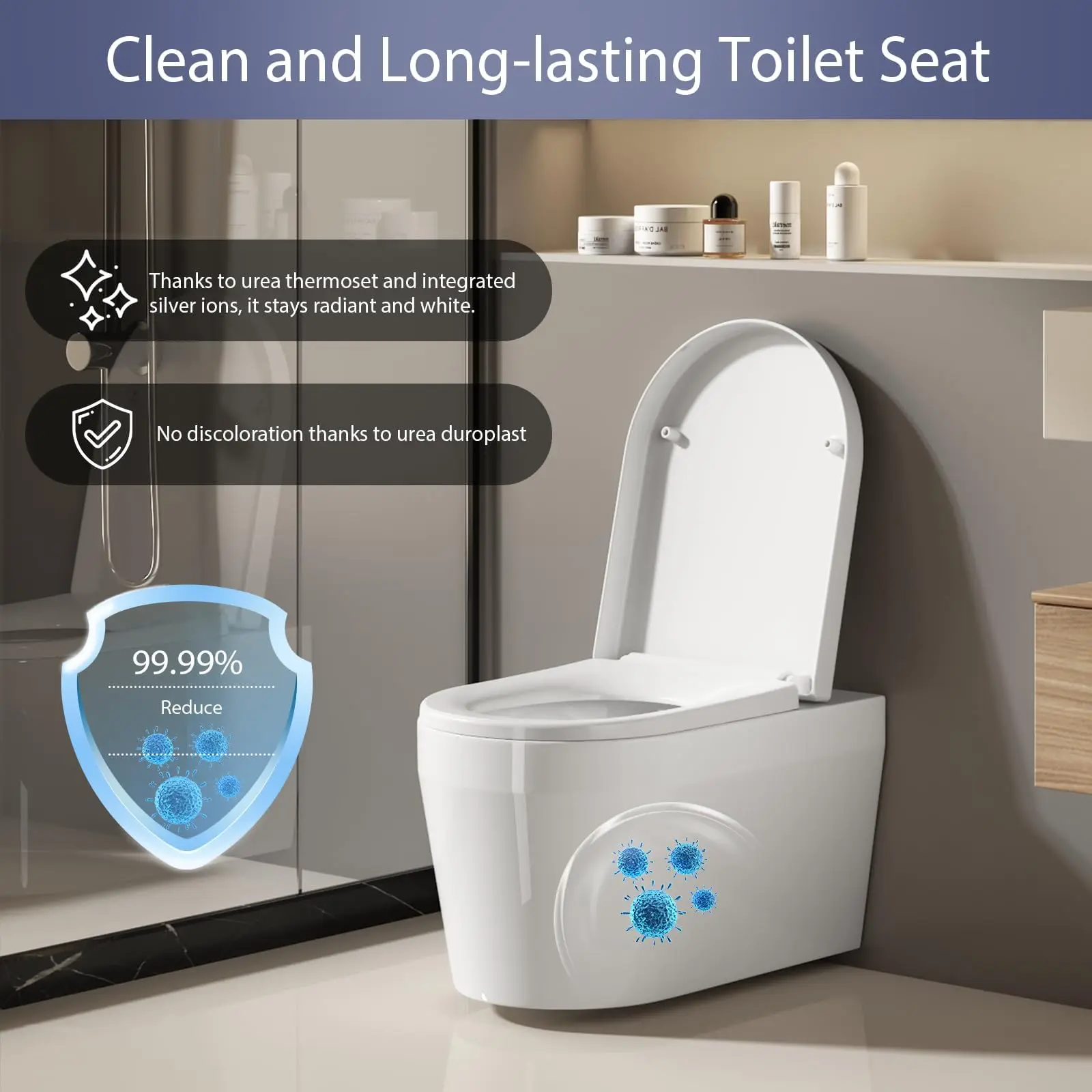 Toilet lid with soft-close mechanism, Big D-shaped toilet seat lid, soft-closing removable goggles, antibacterial & UV-resistant, easy installation, white, 45.4x36.1 cm