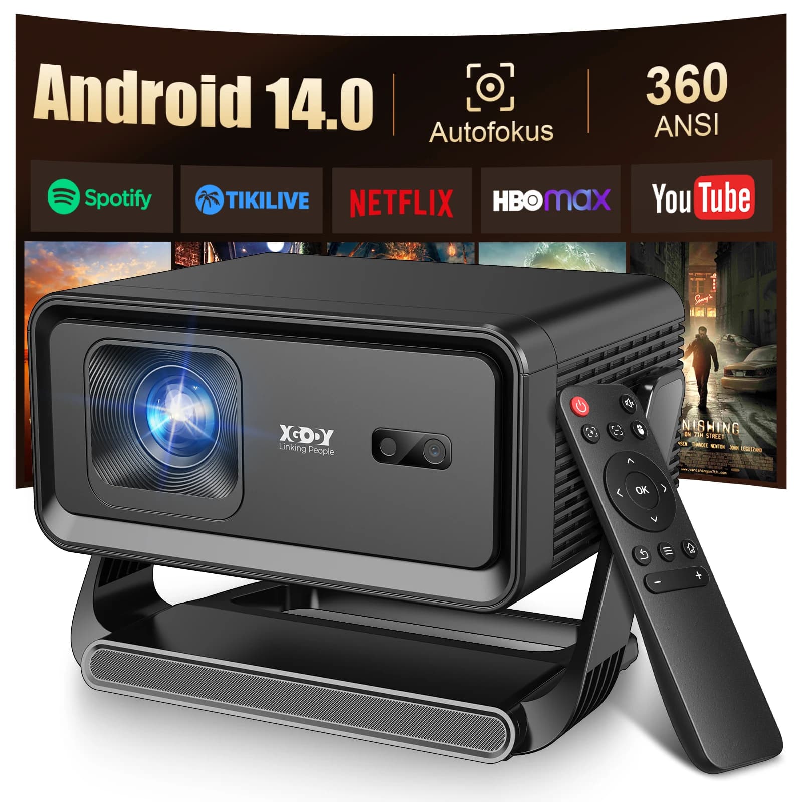XGODY Autofocus Android14 4K projector 360ANSI 8K Native 720P Gimbal A1 with Wifi6 BT5.4 8G Allwinner H726 Portable Outdoor
