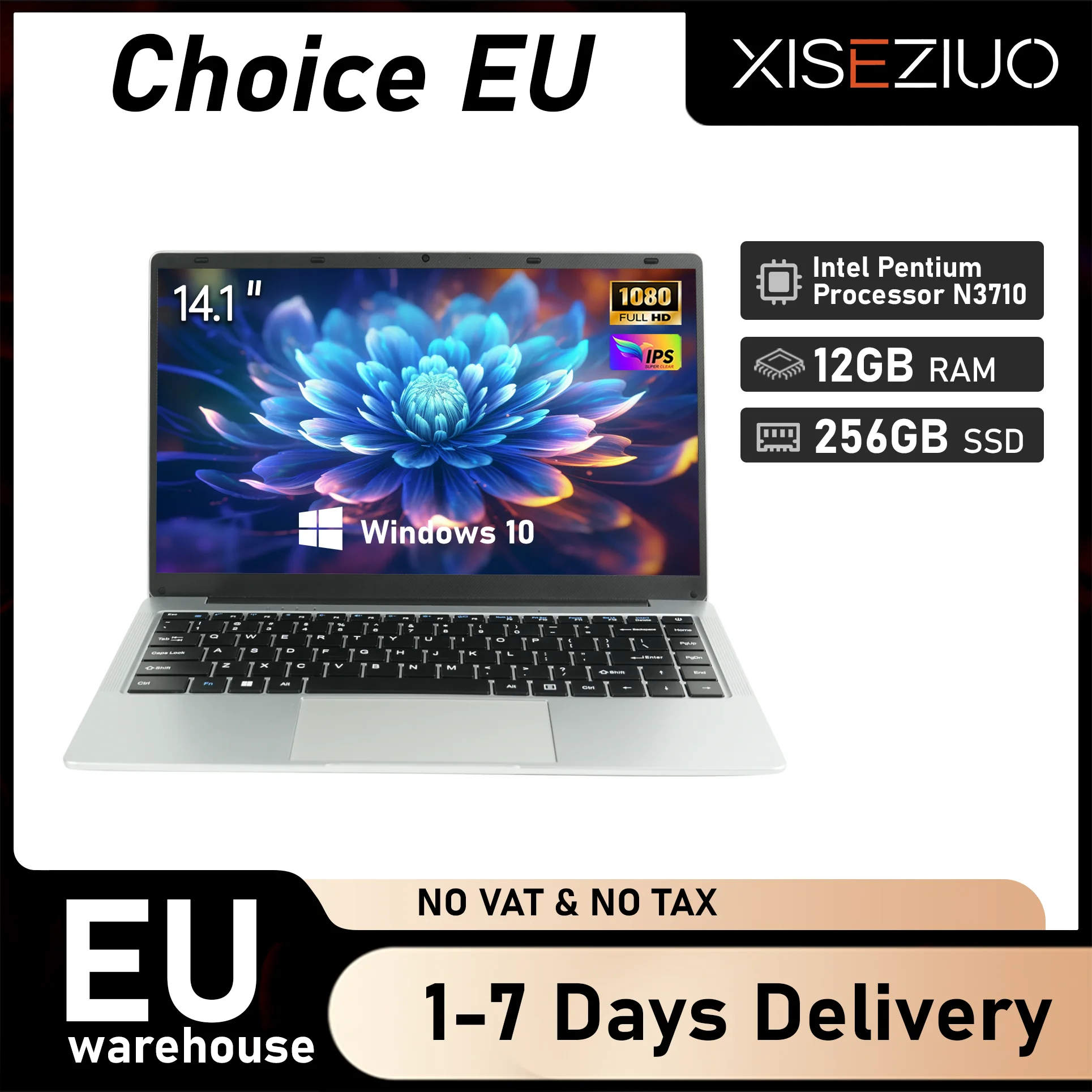 New Ultra Slim Laptop 14.1" 12GB RAM 256GB SSD Intel N3710 Notebook Gamer 1920*1080 Display  Windows 10 Pro 2.56GHz 5000mAh Large Battery, Super Strong Endurance  Very suitable For Office, Entertainment, Watching Videos, And Learning Laptop Computer PC