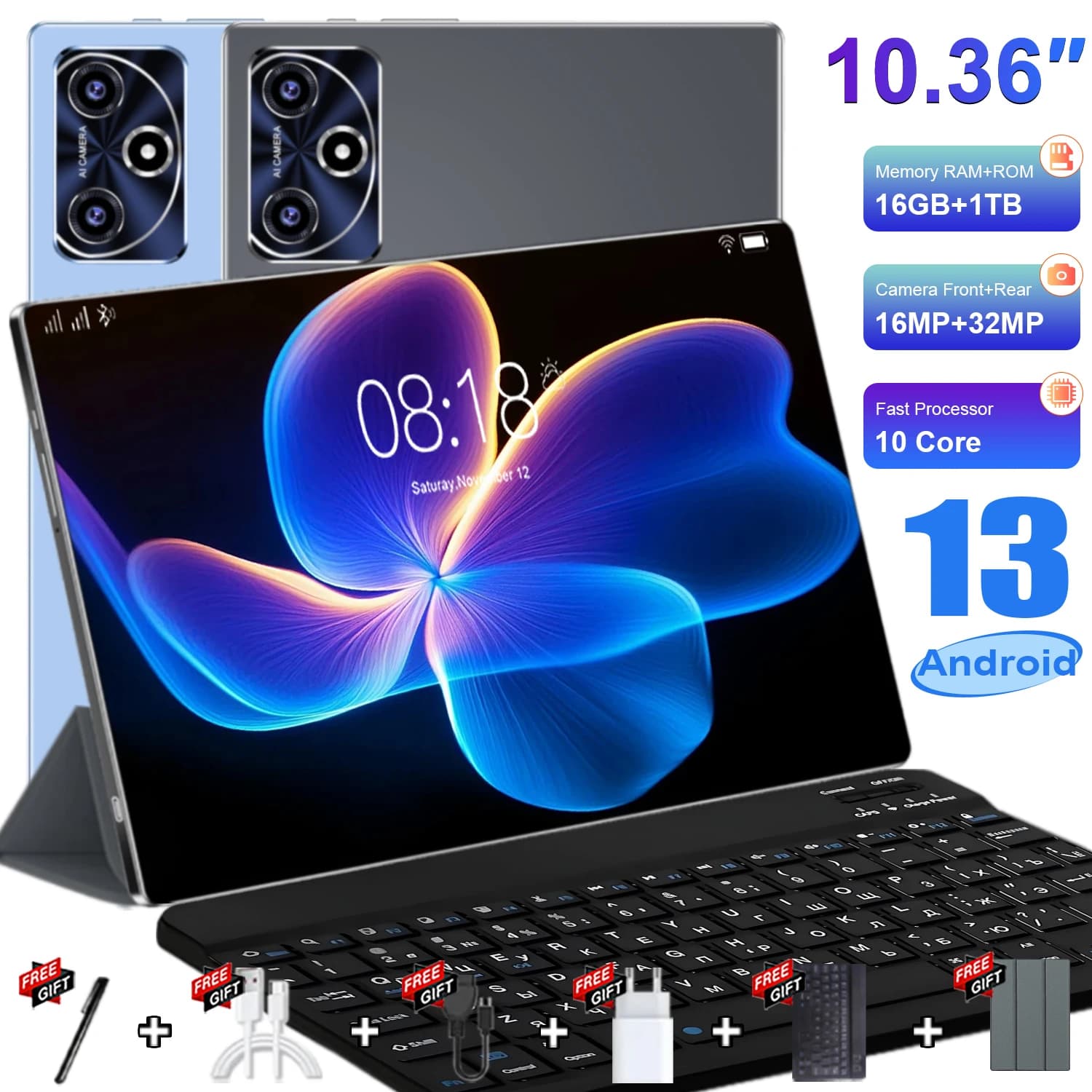 Long Endurance Tablet PC 10.36 Inch 10 Core Android 13 16GB+1TB 5G WiFi 20000mAh Battery 16MP Front 32MP Rear Camera For Entertainment Office