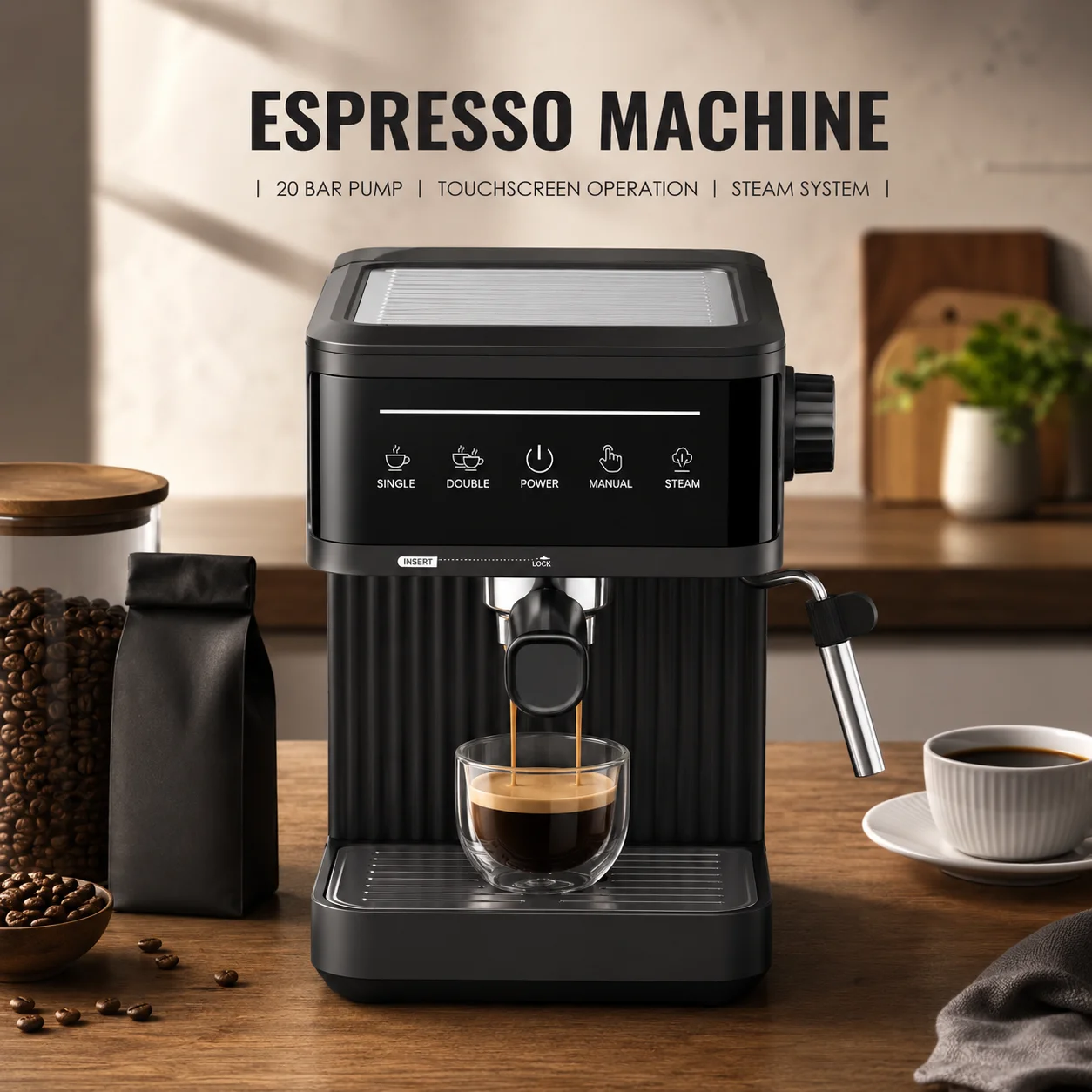 Professional espresso machine, 20 bar, touchscreen, milk frother, cup warmer, 1.8L removable water tank for home-made lattes and cappuccinos