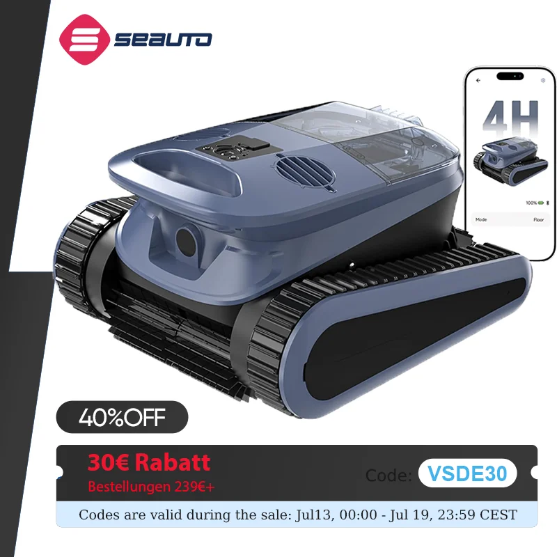 Seauto SAT 40 Robotic Pool Vacuum, 240-Minute Runtime, Wall-Climbing, Waterline Cleaning, for Inground Pools up to 3,200 Square Feet