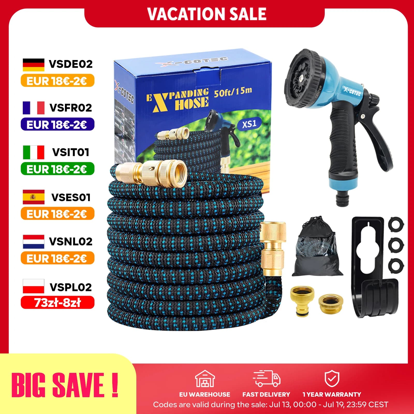 X-COTEC Extensible Garden Hose 15m/30m, Brass Fittings 1/2 "3/4", Gun 10 Jets, Garden and Auto Flexible Hose