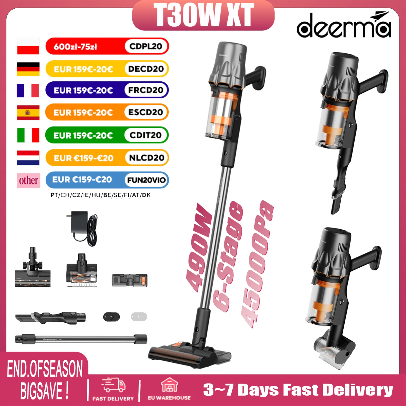 Deerma T30W XT Cordless Stick Vacuum Cleaner - 45kPa Suction Power, 6-Stage Filtration, 120° Green Backlight, Wet & Dry Cleaning, 60 Mins Runtime, V-Shaped Anti-Clog Brush, TÜV-Certified Dust Mite Removal for Deep Home Cleaning